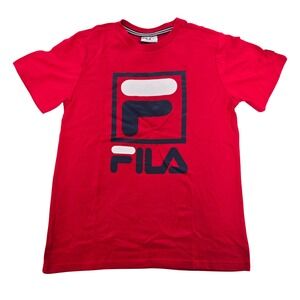 FILA Red Logo Box Graphic T-Shirt Boys Large Striped Collar NWT $22.50